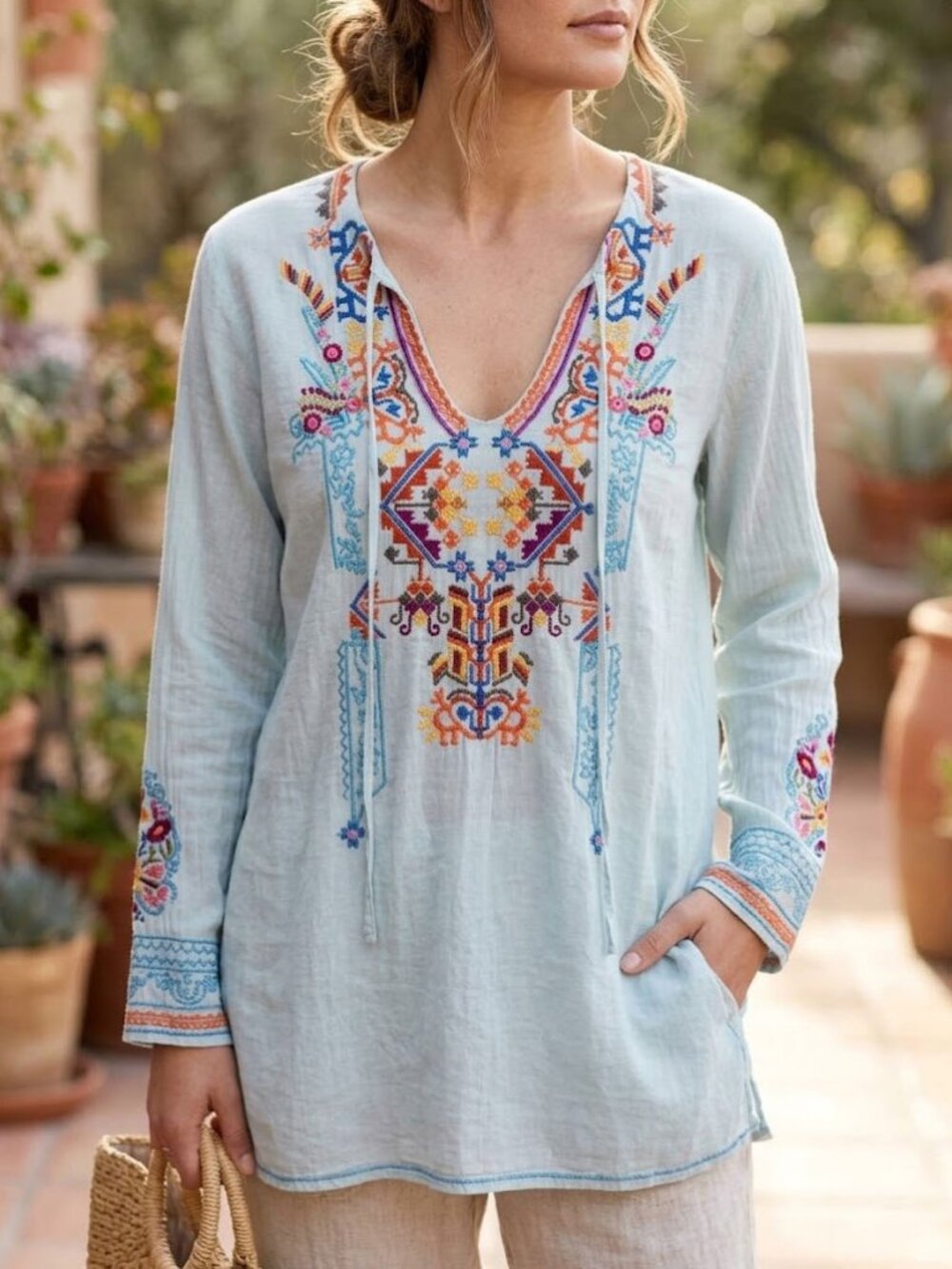 Johnny Was Biya Embroidered Floral Tunic Boho Blue Shirt Blouse